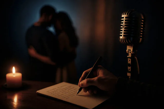 Mano che scrive una canzone con una coppia sullo sfondo